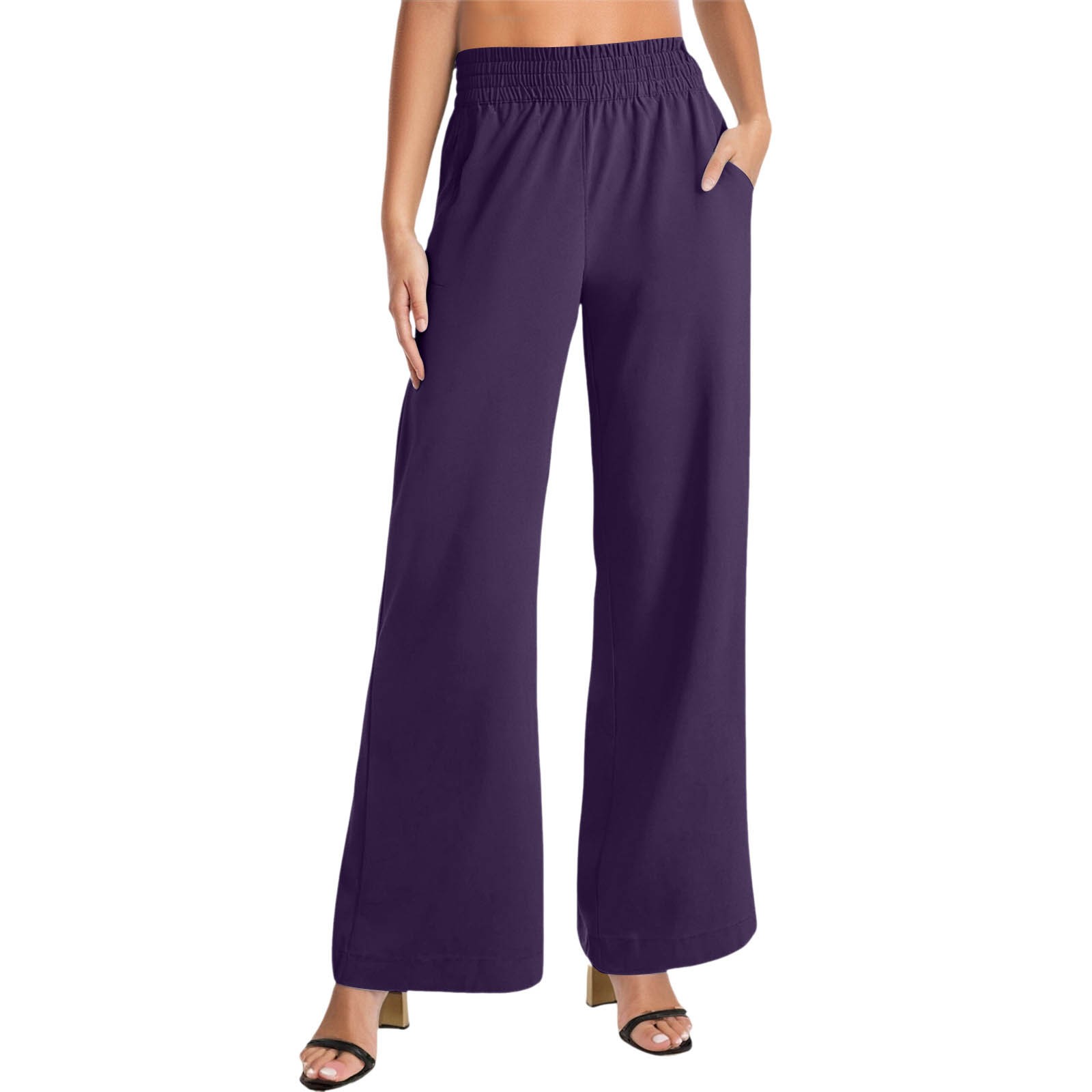thumbnail image 1 of Pantalones casuales rectos para mujer: bolsillos laterales, para todas las estaciones, poliéster, color liso básico, tallas S-XXL, 1 of 5
